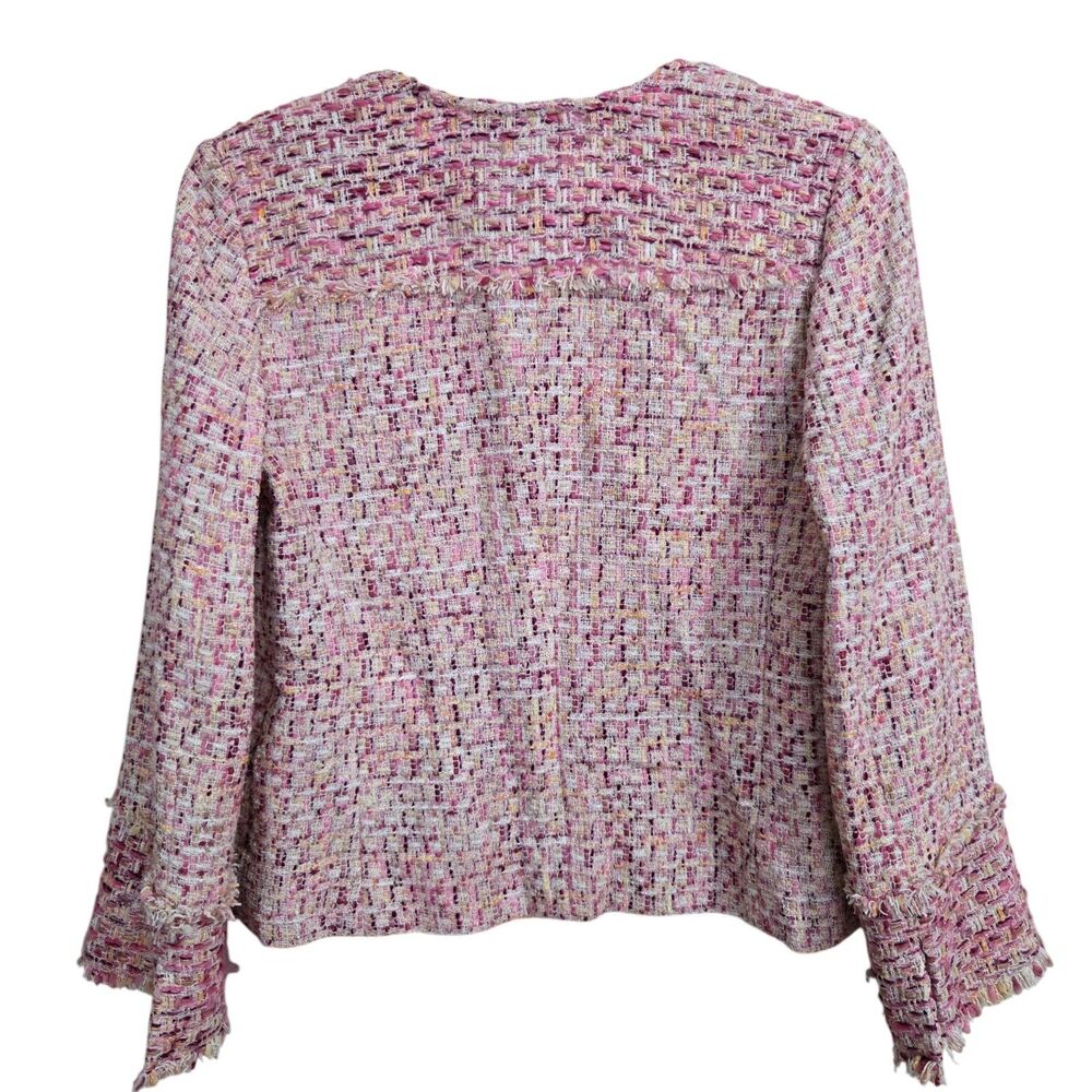Etcetera Fringe Tweed Jacket Size 2 Zip Front Barbie Pink Tones Office old money - Picture 4 of 12